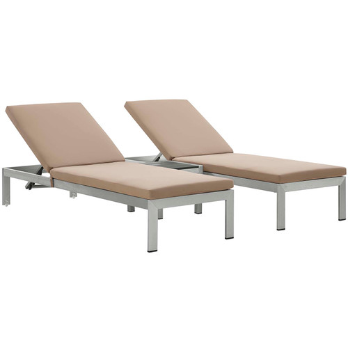 Shore 3 Piece Outdoor Patio Aluminum Chaise With Cushions EEI-2736-SLV-MOC-SET