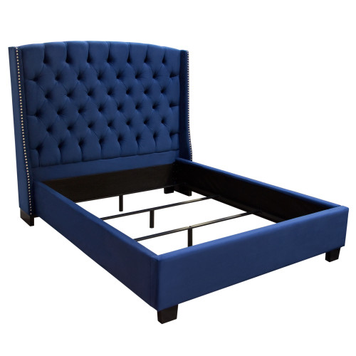 Majestic Eastern King Tufted Bed In Royal Navy Velvet With Nail Head Wing Accents By Diamond Sofa MAJESTICEKBEDNB