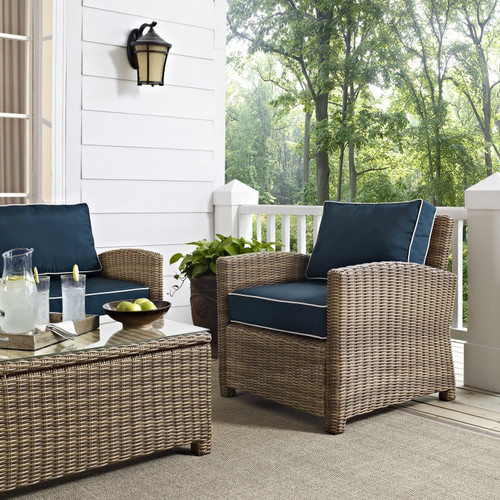 Bradenton Outdoor Wicker Arm Chair With Navy Cushions (KO70023WB-NV)