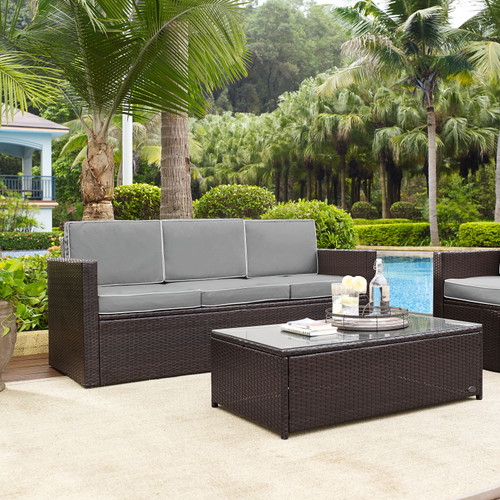 Palm Harbor Outdoor Wicker Sofa - Brown With Grey Cushions (KO70048BR-GY)