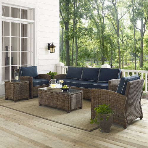 Bradenton 5Pc Outdoor Wicker Sofa Conversation Set With Navy Cushions (KO70051WB-NV)