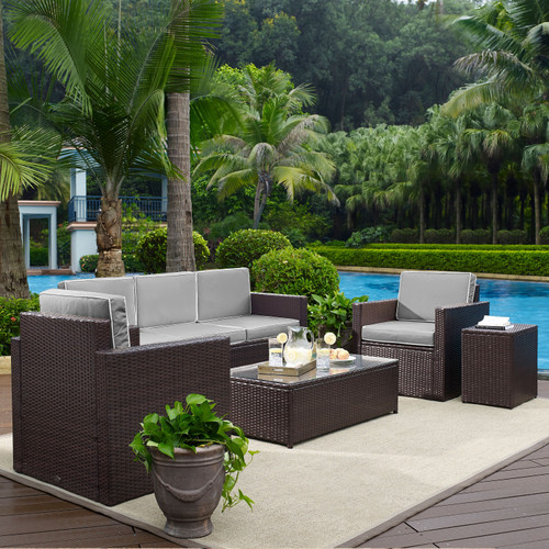 Palm Harbor 5Pc Outdoor Wicker Sofa Conversation Set With Grey Cushions (KO70054BR-GY)