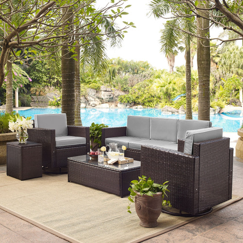 Palm Harbor 5Pc Outdoor Wicker Sofa Conversation Set With Grey Cushions (KO70057BR-GY)