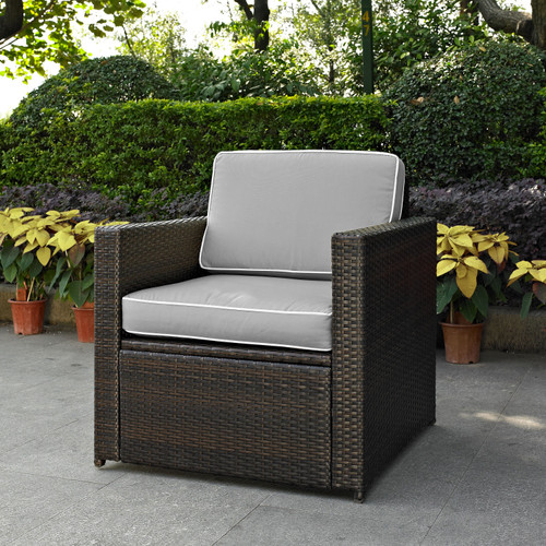 Palm Harbor Outdoor Wicker Arm Chair - Brown With Grey Cushions (KO70088BR-GY)