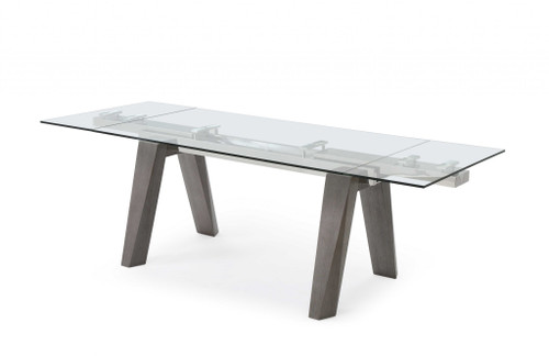 63" X 35" X 30" Grey Glass Stainless Steel Extendable Dining Table (370703)
