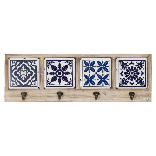Blue And White Tile Wall Hanging With Metal Hooks (373323)
