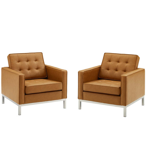 Loft Tufted Upholstered Faux Leather Armchair Set Of 2 EEI-4101-SLV-TAN