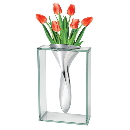 14" Mouth Blown Crystal Non Tarnish Aluminum And Glass Vase (375721)