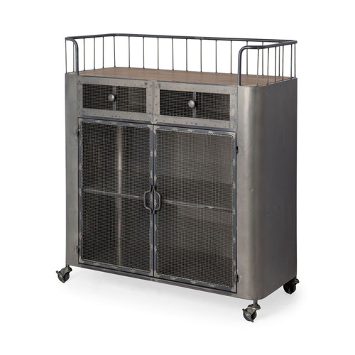 Rectangular Rustic Metal With Metal Door/Wood Top And Two Shelves Bar Cart (376011)