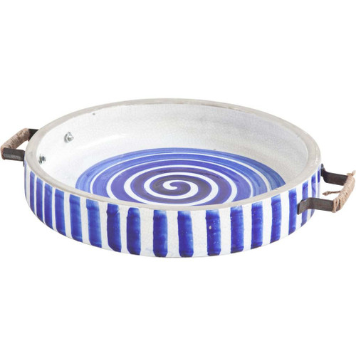 13" Blue And White Ceramic With Wood And Metal Handles Round Tray (376031)