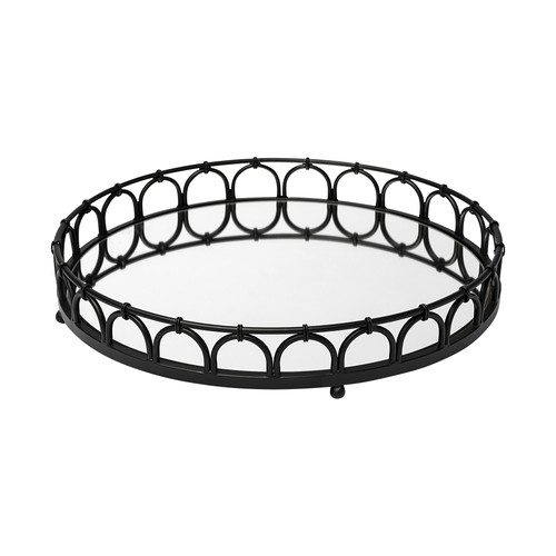 20" Matte Black Metal With Intricately Railings And Mirrored Glass Bottom Round Tray (376052)