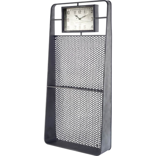 Rectangular Gray Industrial Stylemetal Wall Clock W/ Two Shelfs (376216)