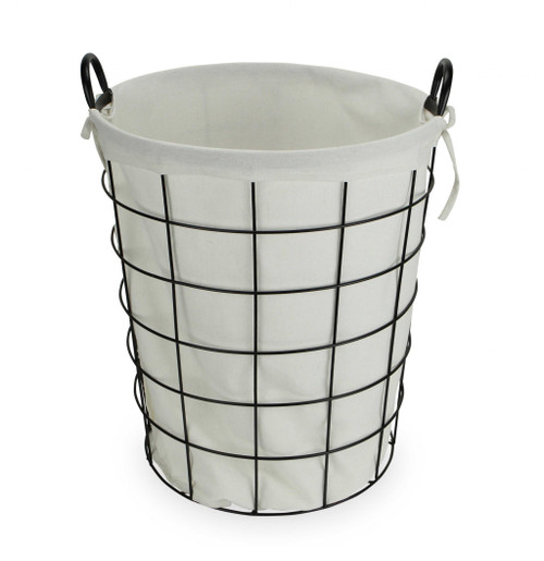 Large White Fabric Lined Metal Laundry Type Basket With Handle (379818)