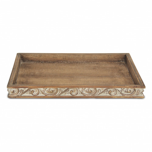 Distressed Finish Wood Tray With Side Carvings (379825)