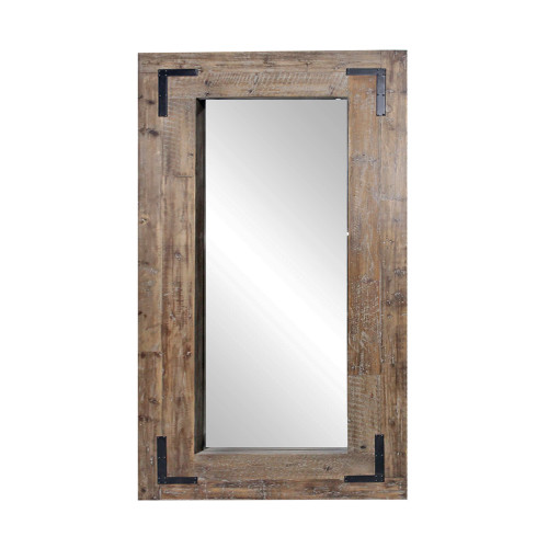 Rectangular Reclaimed Wood Finish Leaning Mirror With Black Metal Corner Accents (379911)