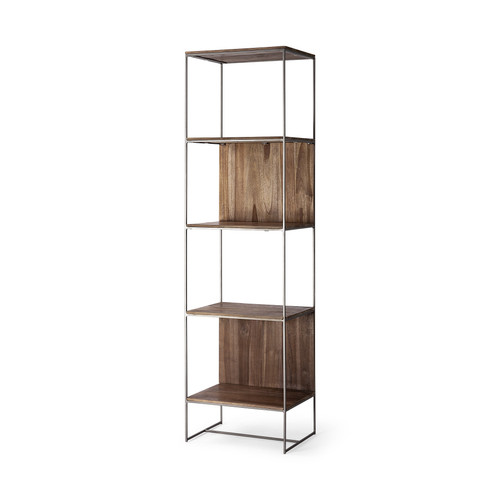 Brown Wood And Silver Metal Frame With 4 Shelf Shelving Unit (380385)