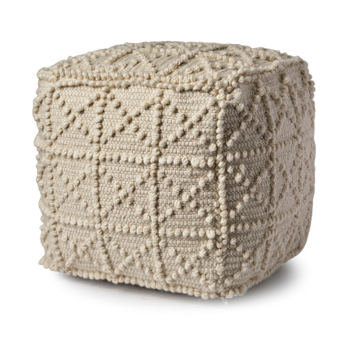 Ivory Wool Sqaure Pouf With Popcorn Detail (380603)