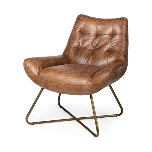 Brown Leather Seat Accent Chair With X Shaped Iron Frame (380620)