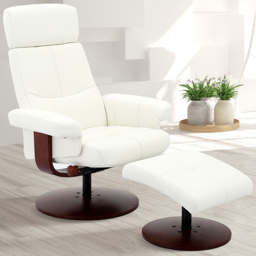 White Faux Leather Swivel Adjustable Recliner And Ottoman Set (380728)