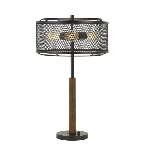60W X 3 Dawson Metal/Wood Table Lamp With Metal Mesh Shade (Edison Bulbs Not Included) (BO-2769TB)