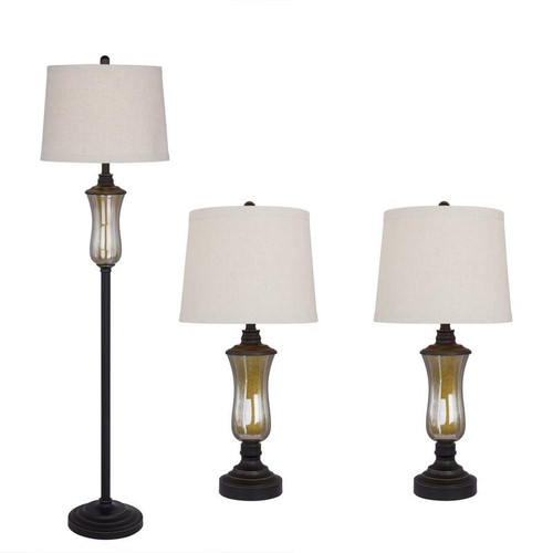 3 Piece Seeded Glass & Metal Lamp Set In Bronze Finish (5097)