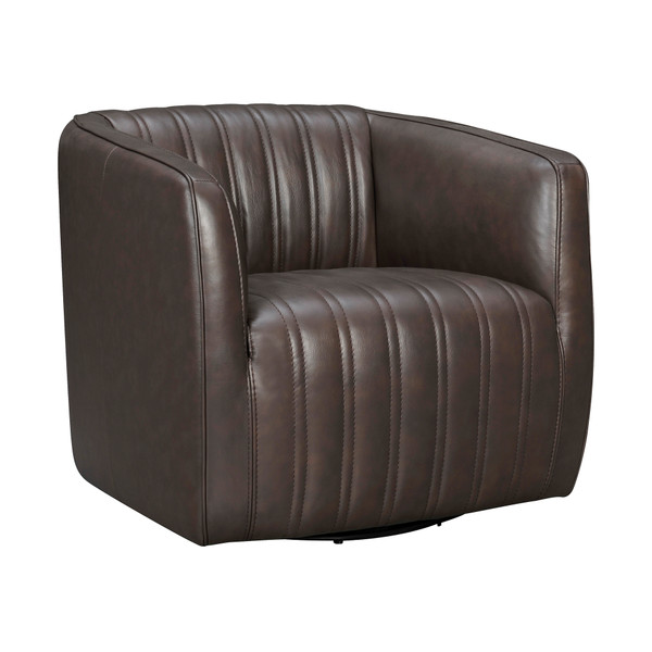 LCARCHES Aries Espresso Genuine Leather Swivel Barrel Chair