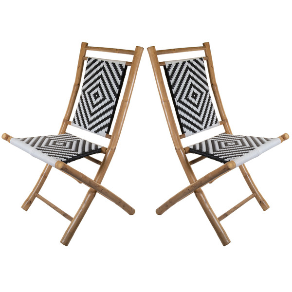 (Set Of 2) Foldable Armless Chairs In Solid Bamboo Frame With Black And White Woven Seat (383048)
