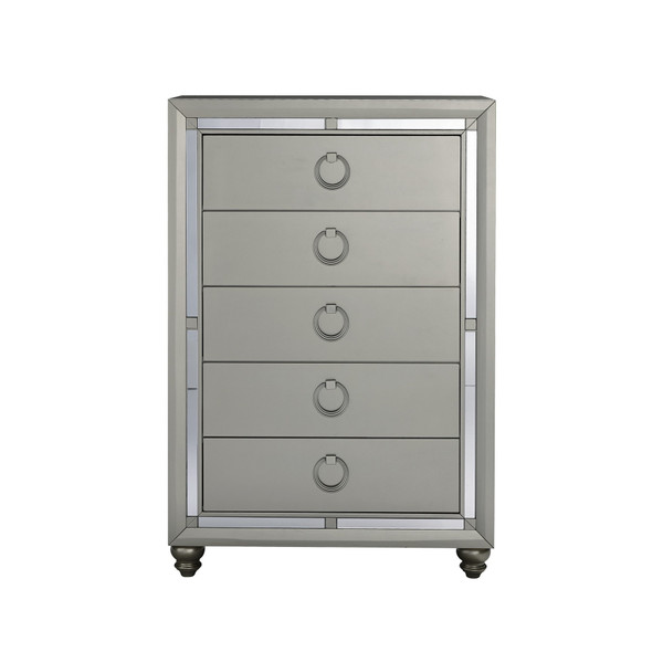 Silver Champagne Tone Chest With Mirror Trim Accent 5 Drawers (383980)
