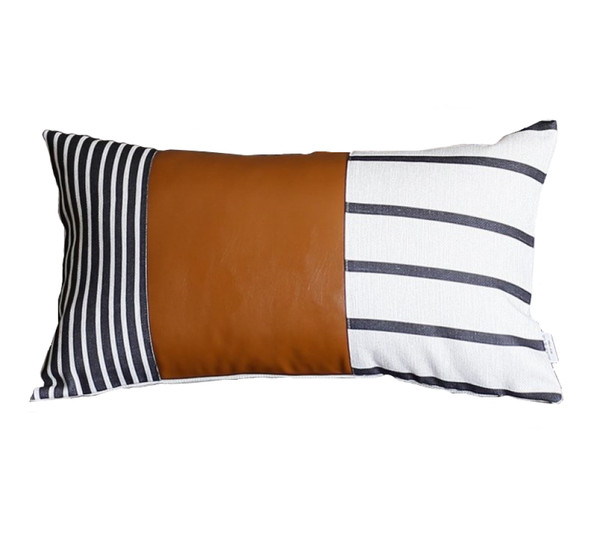 Geometric Brown Faux Leather And Stripes Lumbar Pillow Cover (386776)
