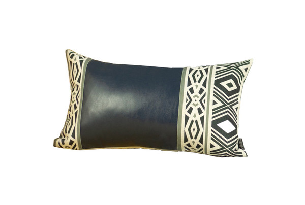 Rectangular Spruce Blue Faux Leather And Geometric Pattern Lumbar Pillow Cover (386778)