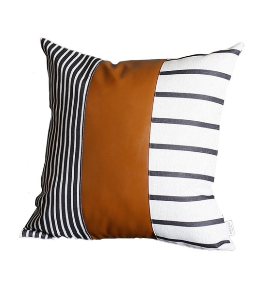 20" X 20" Black And White Stripes And Faux Leather Pillow Cover (386797)