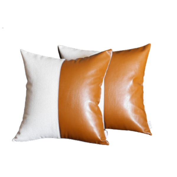 (Set Of 2) Bichrome Pearl White And Rustic Brown Faux Leather Pillow Covers (386802)