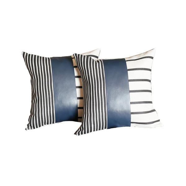 (Set Of 2) Monochromic Stripe Ends And Spruce Blue Faux Leather Lumbar Pillow Covers (386811)