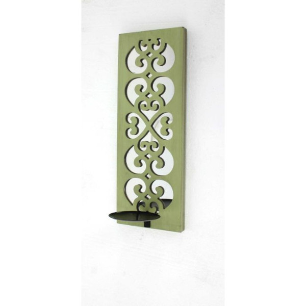 17" X 5" X 6" Green, Wood, Mirror - Candle Holder Sconce (274567)