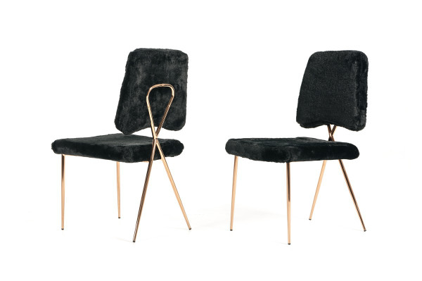 Set Of 2 Glam Modern Black Faux Fur Dining Chairs (384365)