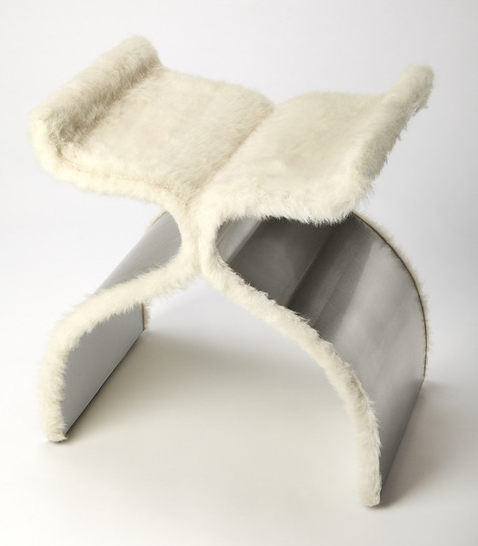 Far Out Ivory And Chrome Faux Fur Stool (389224)
