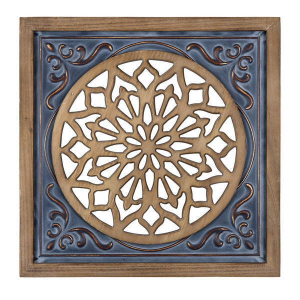 Blue Ethnic Wood And Metal Square Wall Plaque (389323)