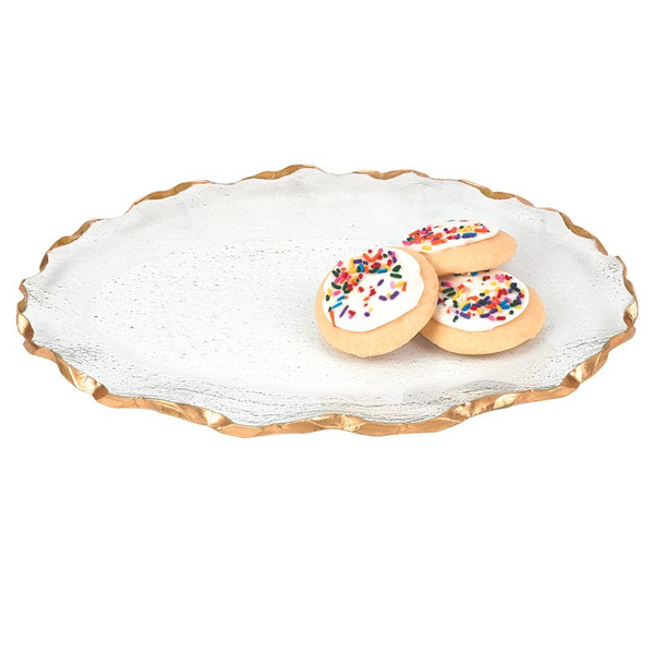 Bubble Glass Scalloped Gold Rim Round Platter Or Tray (390090)