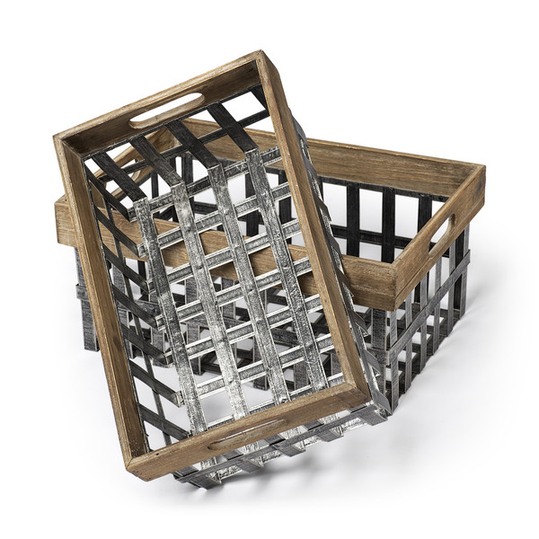 Set Of Two Wood And Metal Crate Baskets (392147)