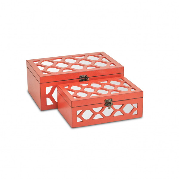 Set Of Coral Quatrefoil Mirror Jewelry Storage Boxes (399682)