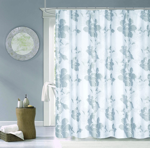 Silver And White Floral Printed Shower Curtain (399736)