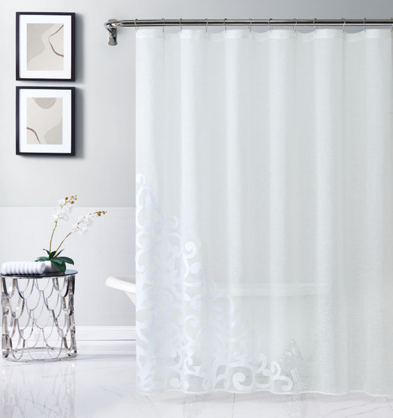White Contemporary Velvet Scroll Shower Curtain (399748)