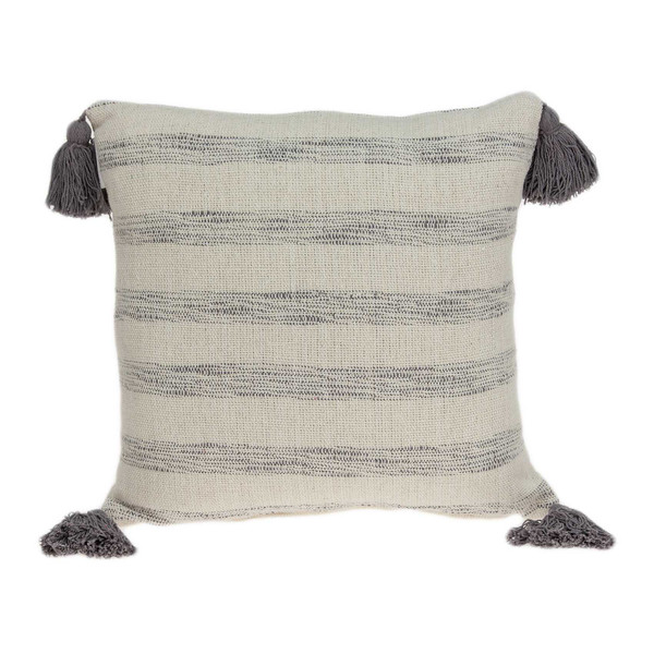 18" X 0.5" X 18" Transitional Beige Printed Striped Tassel Pillow Cover (333832)