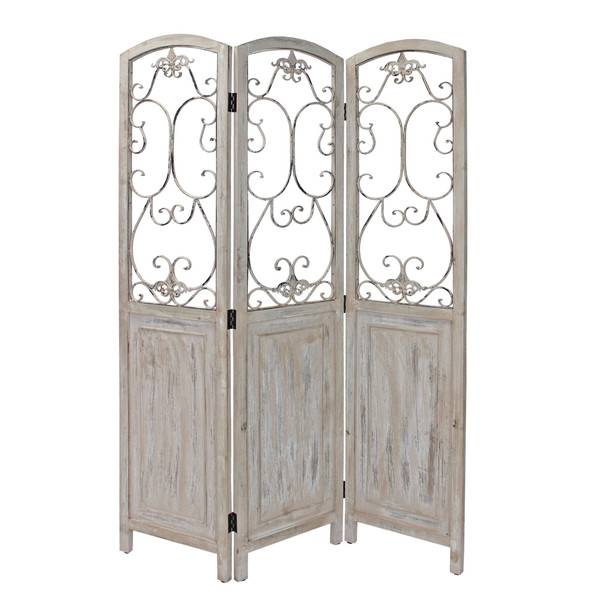 Romantic Whitewashed Scroll Three Panel Room Divider Screen (415076)