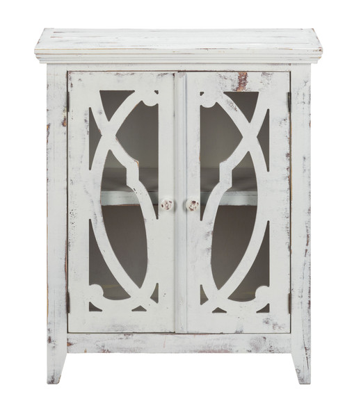 Rustic White Wood And Glass Scrollwork Accent Cabinet (469148)