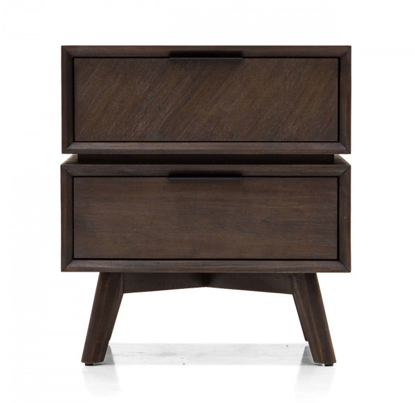 Mid Century Acacia Nightstand With Two Drawers And Black Metal Handles (473027)