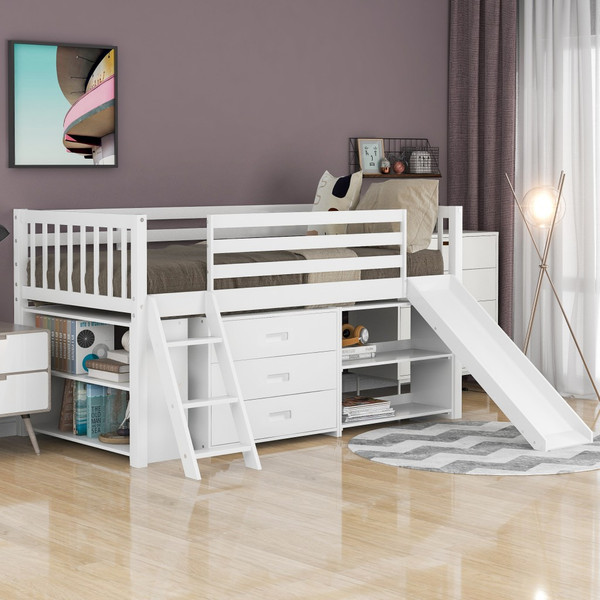 White Twin Loft Bed With Cabinet And Shelves (404223)