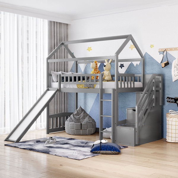 Cool Gray Twin Size Loft Bed With Slide And Storage (404231)