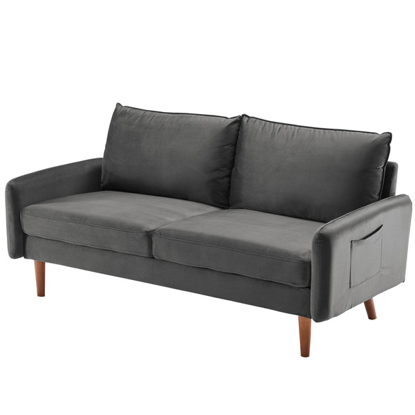 Gray Contemporary Velvet Sofa With Side Pockets (473446)