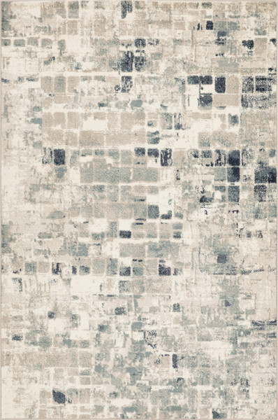 3' X 5' Beige Blue Abstract Tiles Distressed Area Rug (475595)